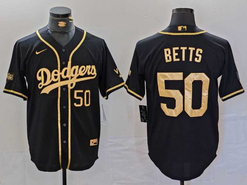 Mens Los Angeles Dodgers #50 Mookie Betts Number Black Gold World Series Champions Cool Base Stitched Jersey